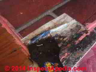Brick pattern vinyl sheet flooring from 1973 containing asbestos in flooring & mastic (C) Inspectapedia RD