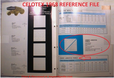 Celotex asbestos-containing products cited in this 1968 Celotex Product Reference File - cited & discussed at InspectApedia.com
