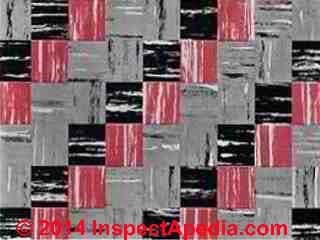 Kentile vinyl asbestos floor tile pattern using black, gray, and red (C) Inspectapedia (Kentile 1950's advertisement)