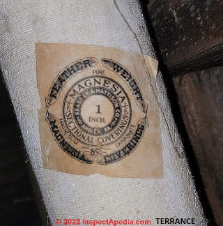 Magnesium Carbonate pipe insulation label - 100% MgCo3 (C) InspectApedia.com Terrance
