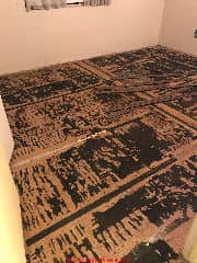 Cork pattern vinyl asbestos floor tile and carpet padding remnants to be removed (C) InspectApedia.com Rachel