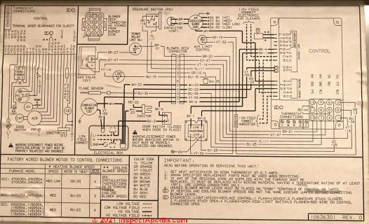 wiring diagram for Amana Air Command Hi Efficiency 80 Gas Furnace - Model GCI115X35A P1155313F - Year 1988  (C) InspectAPedia.com Billy