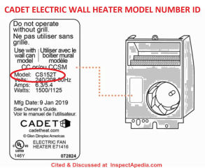 Where to find the model number identification label on a Cadet electric wall heater - cited & discussed at InspectApedia.com
