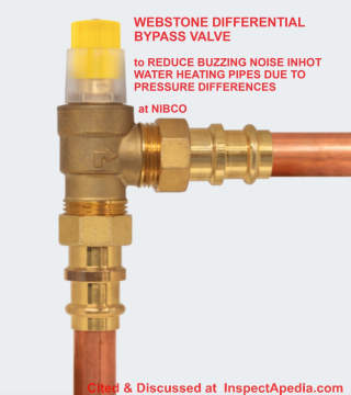Webstone differential bypass valve to address hot water heating piping noises - from Nibco, cited & discussed at InspectApedia.com