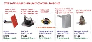 Types of furnace fan & limit control switches (C) InspectApedia.com