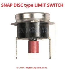 Snap disc limit control switch on an Amana furnace (C) InspectApedia.com Billy