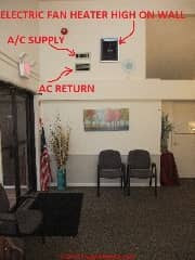 Bad heat and ari conditioning supply locations in a waiting room (C) Daniel Friedman at InspectApedia.com