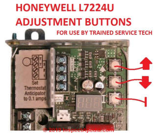 Honeywell L7224U Aquastat Adjustment buttons for use by trained service technician (C) InspectApedia.com