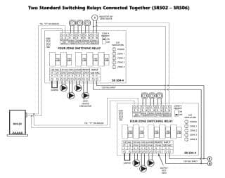 How to wire two Taco switching relays in series to control up to 8 heating zones - at InspectApedia.com