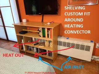 Custom built oak shelving notched to fit arouind a hot water heating convector unit - designed to give walking space and to avoid blocking air circulation through the convector unit (C) Daniel Friedman at InspectApedia.com