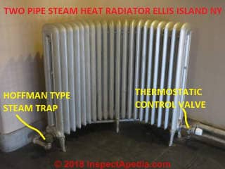 Curved two pipe steam radiator with steam trap at Ellis Island NY (C) Daniel Friedman at InspectApedia.com