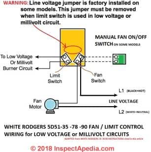 White Rodgers Fan Limit Control  Wiring Diagram for 5D51-35, -78, & -90 Installation Instructions  at InspectApedia.com for low voltage equipment