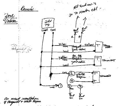 Mixed brand zone valve wiring schematic (C) Daniel Friedman