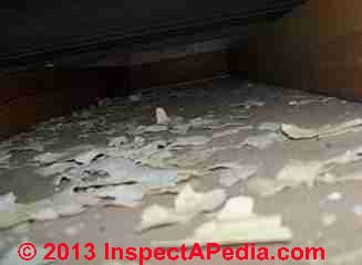 Lead paint chips in a drop ceiling below a metal ceiling (C) InspectApedia.com JN