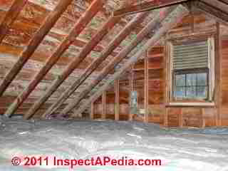 Photo of mold on roof sheathing undersider in an attic - white mold (C) Daniel Friedman
