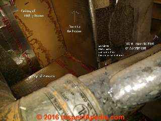 Leak stains may point to water entry into duct work, a cause of duct mold (C) InspectApedia.com JC