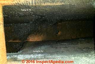 Mold contamination visible in HVAC duct interior (C) InspectApedia.com JC