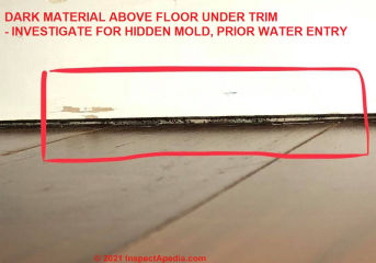Dark spots under trim at floor might be mold (C) InspectApedia.com Creastul