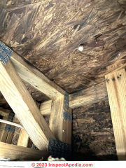 mold and water damage on roof sheathing (C) InspectApedia.com Leslie