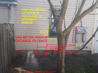 Gas meter hookup clearance distance to property line required (C) InspectApedia.com JRoss