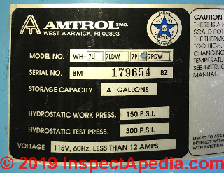 Amtrol Indirect Water Heater data tag (C) InspectApedia.com (J) 