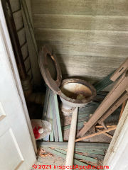 Antique wall-tank high flush toilet for sale - and renovation (C) InspectApedia.com Sims