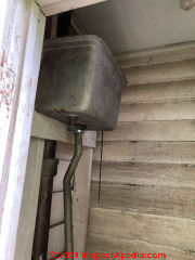 Antique wall-tank high flush toilet for sale - and renovation (C) InspectApedia.com Sims