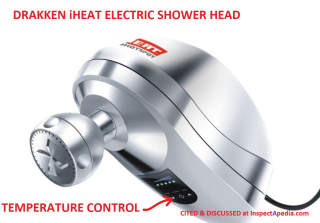 Drakken iHEAT electric shower head cited & discussed at InspectApedia.com