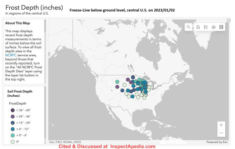 Frost depths or freeze line in Central U.S. in early January 2023 + US National Weather Service & NOAA definition of Frost Depth. Cited & discussed at InspectApedia.com