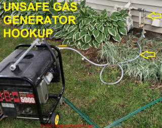Unsafe gas generator hookup at outdoor gas meter (C) InspectApedia.com CB