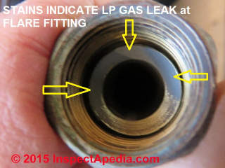 Evidence of an LP gas leak at a flare fitting (C) Daniel Friedman 