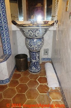Glazed fired clay bathroom sink, Las Trancas, Guanajuato Mexico (C) Daniel Friedman InspectApedia.com