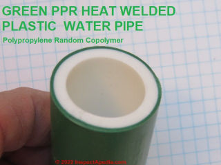 Green plastic water pipe PPR polypropylene random copolymer UV and sunlight resistant (C) Daniel Friedman at InspectApedia.com