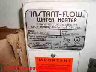 Instant-Flow tankless water heater detail specifications label (C) D Friedman