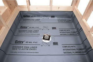 Oatey pvc shower pan liner or membrane cited & discussed at InspectApedia.com