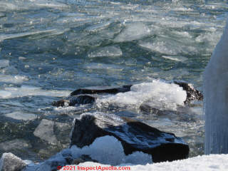 Freezing surface of lake Superior, broken up and agitated by wind and waves (C) Daniel Friedman at InspectApedia.com