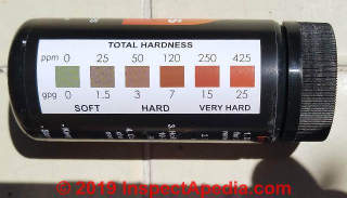 JNW Direct water hardness test strip hardness scale color guide (C) Daniel Friedman at InspectAapedia.com