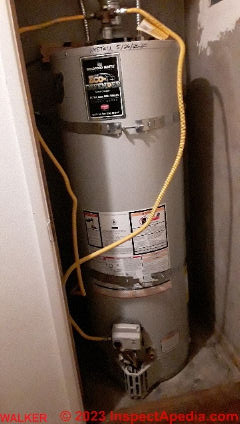 Watts 210 automatic gas shutoff valve installed on a water heater (C) InspectApedia.com Walker