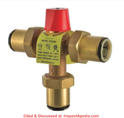 Watts 1170 series mixing valve used with radiant heat systems - cited & discussed at InspectaPedia.com