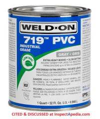 Weld-On Extra Heavy Duty 719 (tm) PVC Cement with a slow set time, cited & discussed at InspectApedia.com