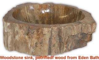 Petrified wood Woodstone sink from Eden Bath www.edenbath.com at InspectApedia.com 2016