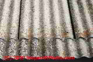 Corrugated asbestos cement roofing as installed and aged (C) InspectApedia Daniel Friedman