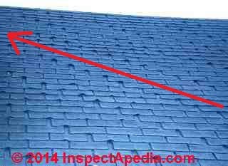 Fishmouthed shingles in a diagonal pattern - conventional shingle nailing pattern on a roof (C) Daniel Friedman