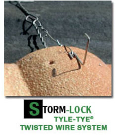 Storm-Lock Tyle-Tye twisted wire system for securing roofing tiles to the roof deck, discussed and cited at InspectApedia.com