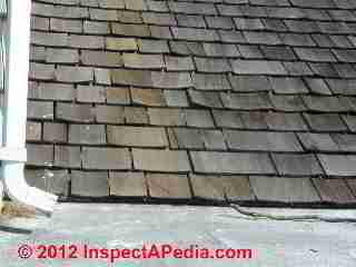 Curled wood shingle roof - early failure © D Friedman at InspectApedia.com 