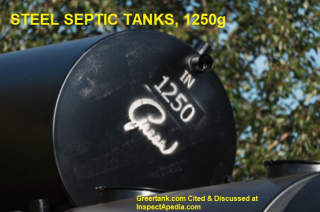 Steel septic tank provided by Greer, cited & discussed at InspectApedia.com