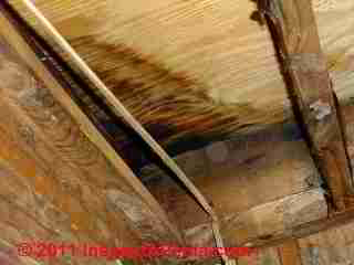 Plywood stains from roof leak © Daniel Friedman at InspectApedia.com