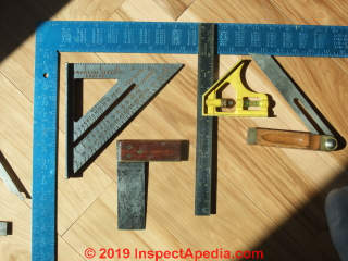 Framing squares of various types including the Empire blue steel framing square and Swans's Speed Square - original model (C) Daniel Friedman at InspectApedia.com