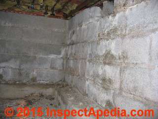 Foundation Wall bulge caused by water and frost © Daniel Friedman at InspectApedia.com