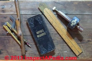 Hoppus's Measurer book & antique carpentry tools © Daniel Friedman at InspectApedia.com